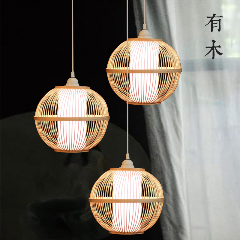 有木竹编吊灯日式餐厅灯具灯笼三头组合木质新中式茶室吧台禅意
