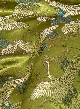 秋香绿色祥云朵松树仙鹤织锦缎布料丝绸缎子面料云锦汉服装饰提花