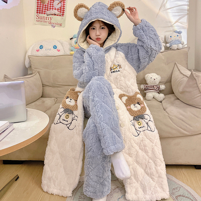 三层夹棉睡衣女冬季加厚保暖睡袍