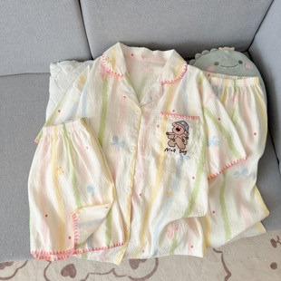 三件套家居服春 长短裤 马卡龙可爱小熊睡衣女夏季 带胸垫云朵棉短袖