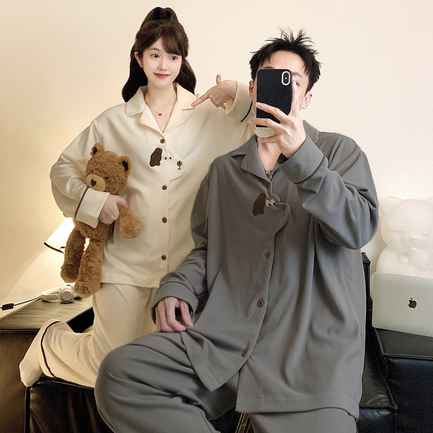 可爱卡通德绒情侣睡衣秋冬季翻领开衫男女同款套装可外穿家居服女