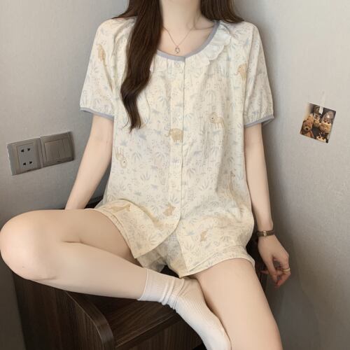 带胸垫睡衣女夏季新款云朵棉甜美碎花短袖短裤开衫套装家居服薄款