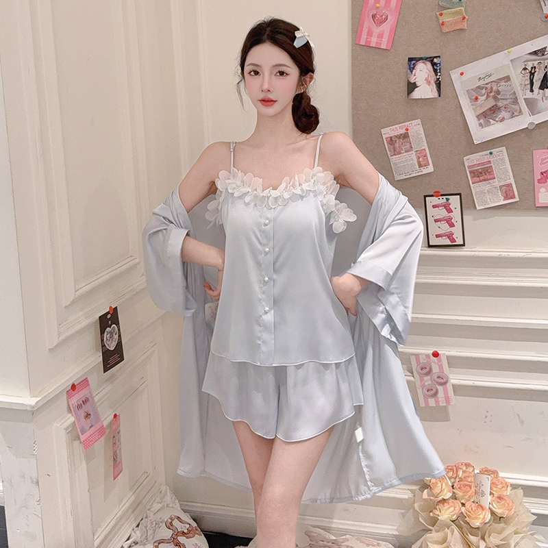 性感吊带三件套甜美风冰丝家居服