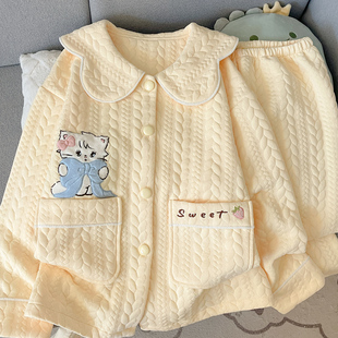 漂亮出门睡衣空气棉夹层套装冬季2025新款可爱卡通小猫网红家居服