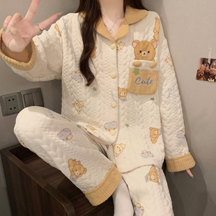 揭阳睡衣女款2025新款空气棉夹层甜美可爱小熊加厚保暖套装家居服