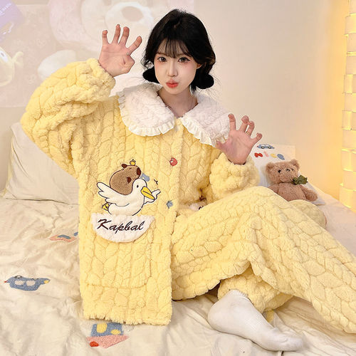 法兰绒睡衣女秋冬2026新款珊瑚绒加厚加绒套装可爱卡通家居服冬季