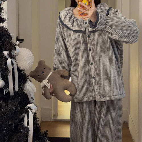 纯色小格子法兰绒睡衣女秋冬加绒加厚珊瑚绒保暖家居服套装可外穿