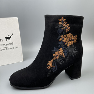 外贸品牌断码 靴 真皮羊皮马丁靴女民族风刺绣短靴女粗跟妈妈靴时装