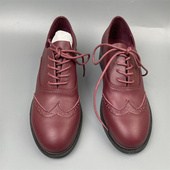 品牌头层牛皮英伦风布洛克雕花系带皮鞋 女复古酒红色粗跟浅口单鞋