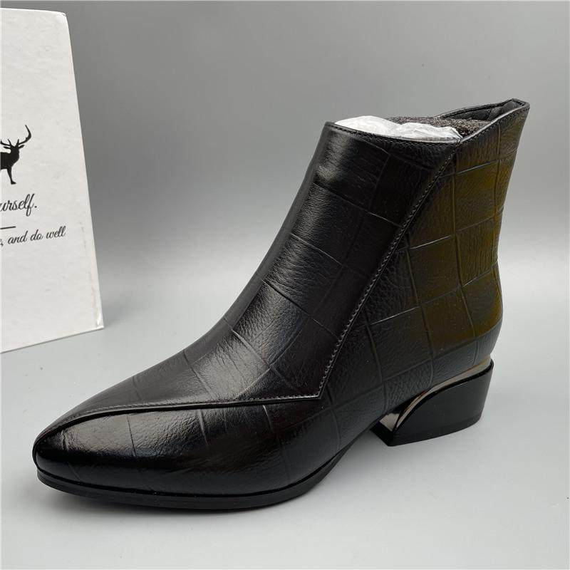 尖头头层牛皮加棉时装工作皮靴女