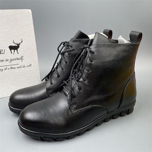 品牌头层牛皮真皮马丁靴女加厚绒短靴保暖平底防滑英伦风黑色女靴