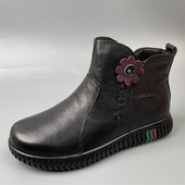 饰平底防滑棉鞋 撤柜库存品牌35头层牛皮短靴女冬季 保暖黑色花朵装