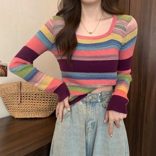 彩虹条纹针织打底衫 低领毛衣 女秋冬内搭配大衣修身 显瘦设计感长袖