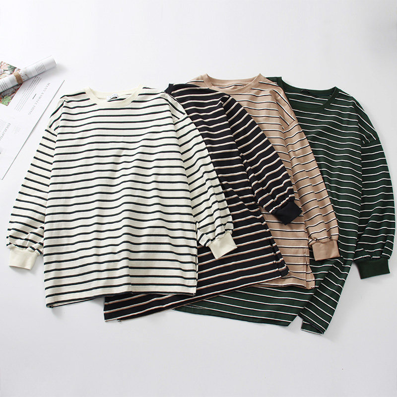 外贸日单女春夏经典条纹中长款长袖T恤复古显瘦ins宽松大码灯笼袖,女装/女士精品,T恤,淘宝优惠券,粉丝福利购,淘宝优惠卷