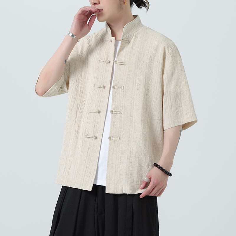 风衬衫男夏季大码中式棉麻衬衣唐装上衣汉服A321-1-C657-P70，男装衬衫，电商A321-1（原钱塘6020）