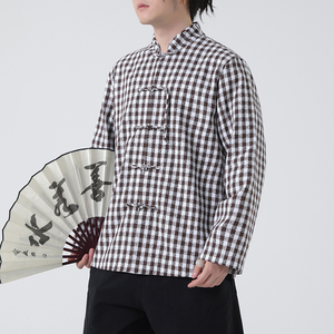 春夏中式亚麻棉麻啊格子长袖衬衫大码风汉服A321-1-C632-P75图片