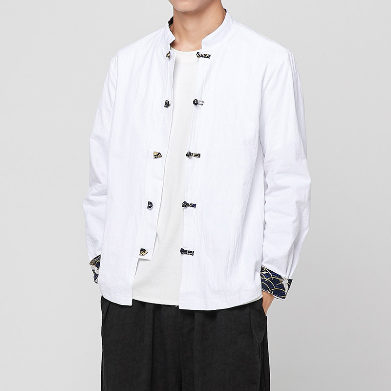 风衬衫男装复古风男士大码休闲立领长袖衬衣A321-1-C603-P65，男装衬衫，电商A321-1（原钱塘6020）