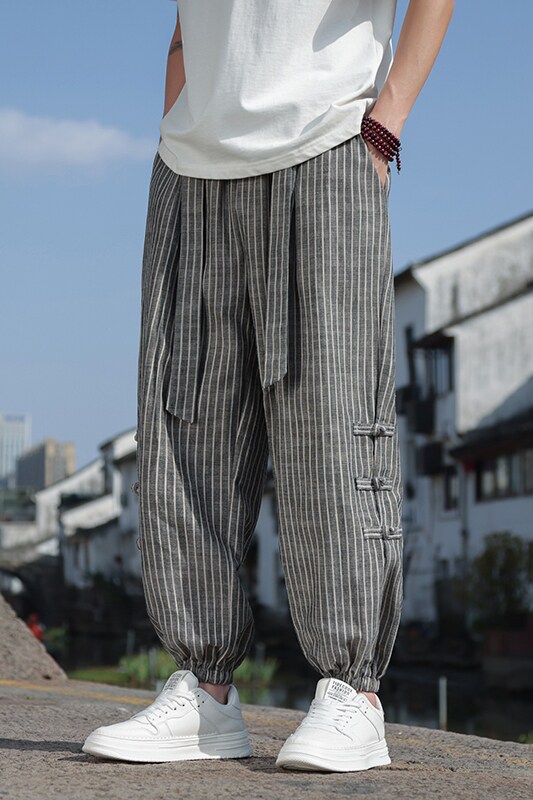 新中式夏季棉麻裤风薄款棉麻盘扣束脚裤A321-1-K910-P65,男装休闲裤,电商A321-1（原钱塘6020）