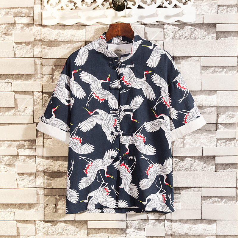 夏季风男装亚衬衫男立领复古盘扣上衣A321-1-C613-P50，男装衬衫，电商A321-1（原钱塘6020）