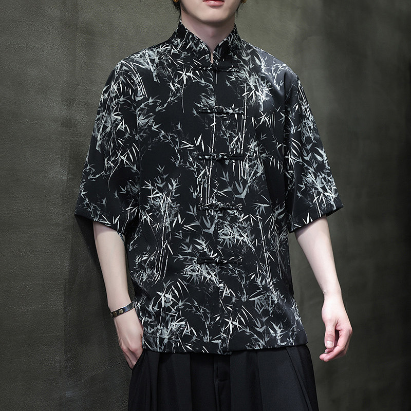 风夏季水墨印花薄款透气短袖新中式盘扣衬衫A321-C636-P50,男装衬衫,电商A321-1（原钱塘6020）