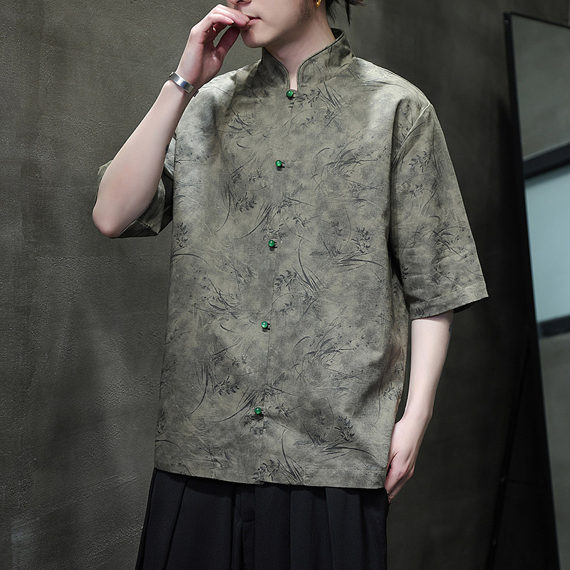 风夏季亚麻透气衬衫印花中式唐装汉服衬衣A321-1-C656-P75,男装衬衫,电商A321-1（原钱塘6020）