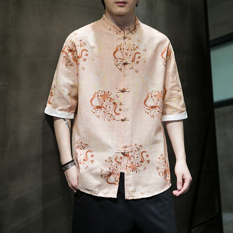 风夏季短袖衬衫汉服休闲大码印花男上衣唐装A321-1-C628-P50,男装衬衫,电商A321-1（原钱塘6020）