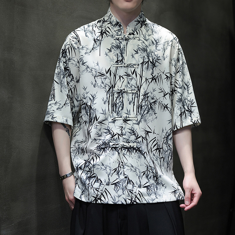 风夏季水墨印花薄款透气短袖新中式盘扣衬衫A321-C636-P50,男装衬衫,电商A321-1（原钱塘6020）