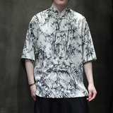 风夏季水墨印花薄款透气短袖新中式盘扣衬衫A321-C636-P50，男装衬衫，电商A321-1（原钱塘6020）