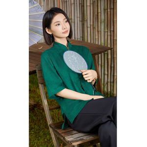 风夏季亚麻透气衬衫印花中式唐装汉服衬衣A321-1-C656-P75图片