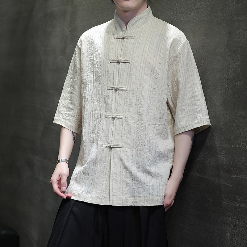 风衬衫男夏季大码中式棉麻衬衣唐装上衣汉服A321-1-C657-P70,男装衬衫,电商A321-1（原钱塘6020）