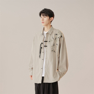 新中式长袖衬衫男春秋季潮刺绣盘扣设计感衬衣A321-C6277-P50，男装衬衫，电商A321-1（原钱塘6020）