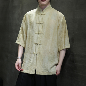 风唐装柳染亚麻短袖衬衫轻薄透气新中式汉服A321-1-C651-P75图片