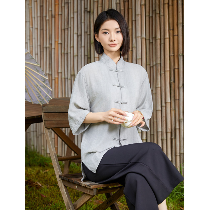 风唐装柳染亚麻短袖衬衫轻薄透气新中式汉服A321-1-C651-P75,男装衬衫,电商A321-1（原钱塘6020）