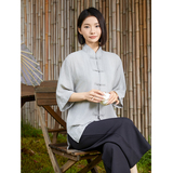 风唐装柳染亚麻短袖衬衫轻薄透气新中式汉服A321-1-C651-P75，男装衬衫，电商A321-1（原钱塘6020）