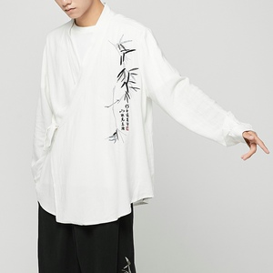亚麻长袖衬衫开衫道袍汉服和服风男装外套刺绣A321-1F02-P70图片
