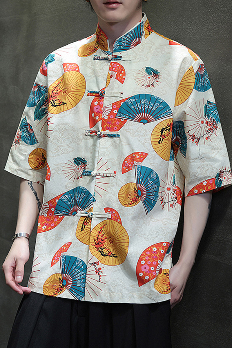 中式盘扣印花衬衫大码宽松风夏季休闲衬衣A321-C635-P60,男装衬衫,电商A321-1（原钱塘6020）