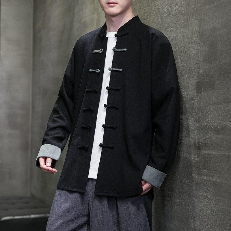 春秋中式复古太极服汉服风拼接亚麻棉麻衬衫A321-1-C631-P70,男装衬衫,电商A321-1（原钱塘6020）