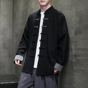 春秋中式复古太极服汉服风拼接亚麻棉麻衬衫A321-1-C631-P70图片