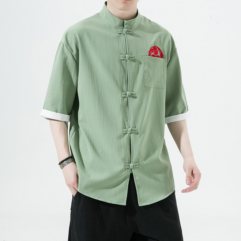 风夏季五分袖冰丝唐装大码刺绣短袖男装衬衫A321-1-C627-P50,男装衬衫,电商A321-1（原钱塘6020）