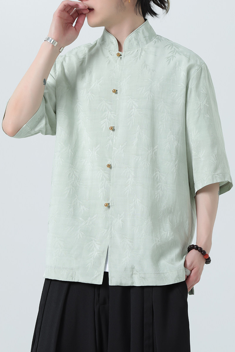 风薄款透气提花休闲铜扣中式复古立领衬衫A321-1-C652-P70,男装衬衫,电商A321-1（原钱塘6020）