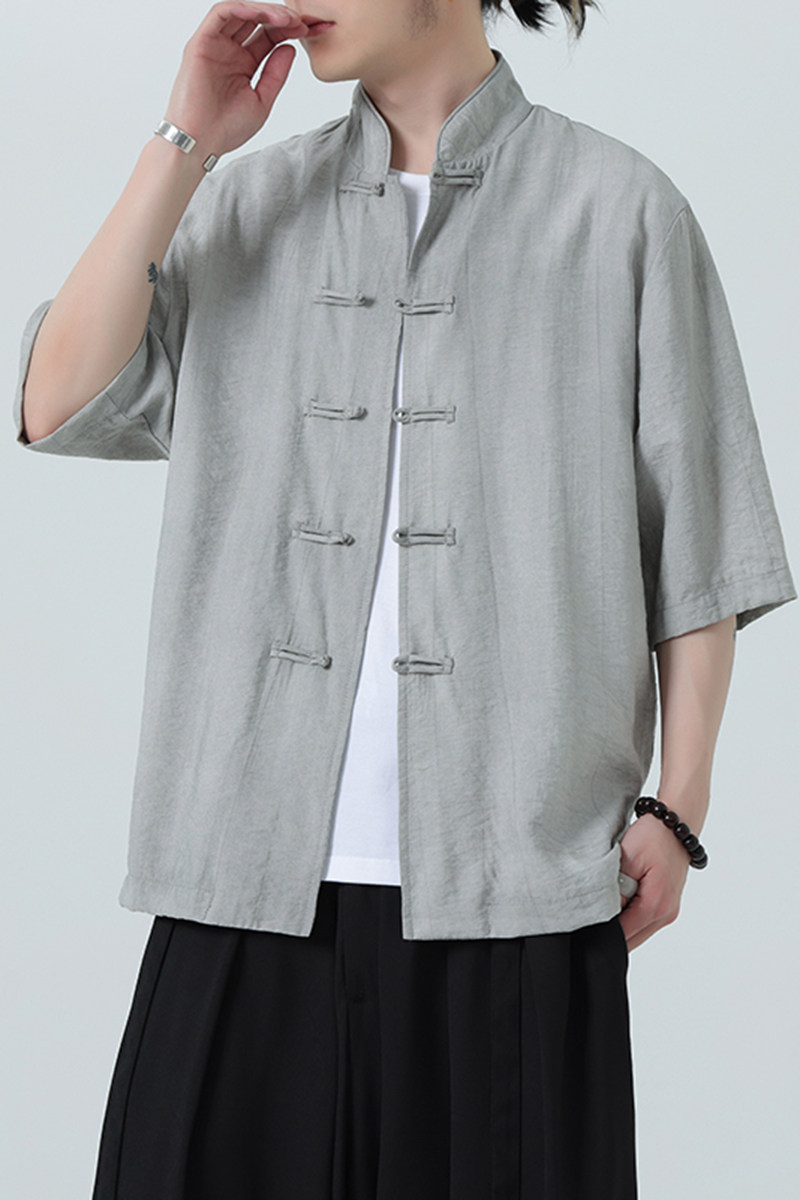 风唐装柳染亚麻短袖衬衫轻薄透气新中式汉服A321-1-C651-P75,男装衬衫,电商A321-1（原钱塘6020）