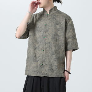 风夏季亚麻透气衬衫印花中式唐装汉服衬衣A321-1-C656-P75图片