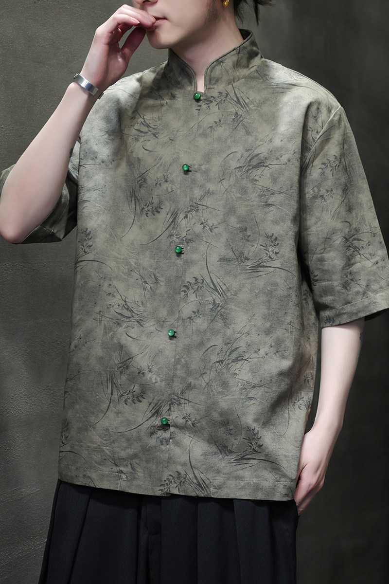 风夏季亚麻透气衬衫印花中式唐装汉服衬衣A321-1-C656-P75,男装衬衫,电商A321-1（原钱塘6020）