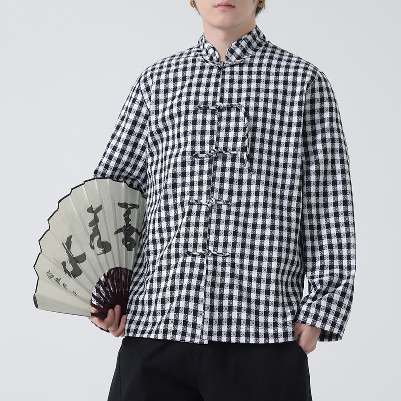 春夏中式亚麻棉麻啊格子长袖衬衫大码风汉服A321-1-C632-P75,男装衬衫,电商A321-1（原钱塘6020）