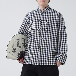 春夏中式亚麻棉麻啊格子长袖衬衫大码风汉服A321-1-C632-P75图片