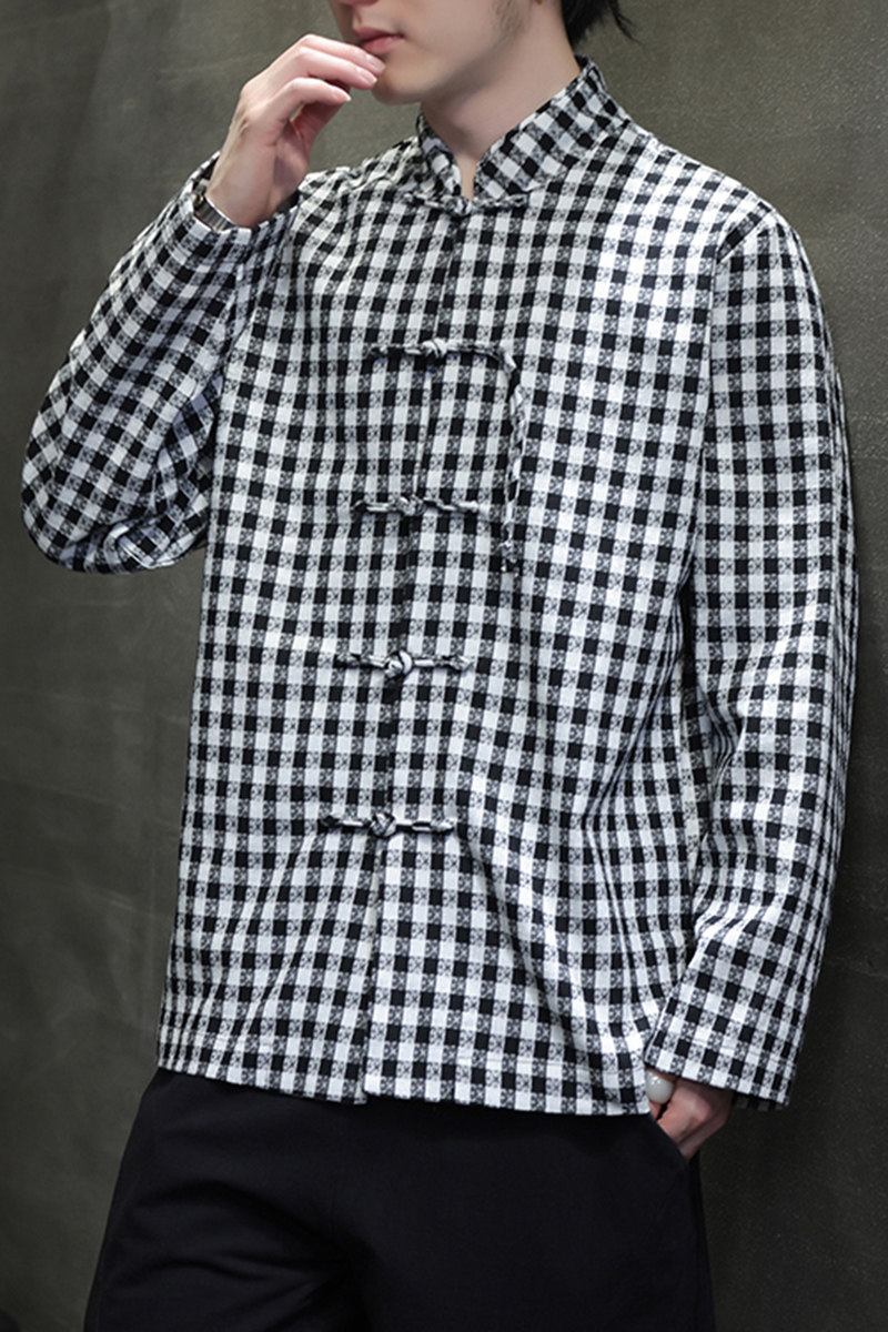 春夏中式亚麻棉麻啊格子长袖衬衫大码风汉服A321-1-C632-P75,男装衬衫,电商A321-1（原钱塘6020）