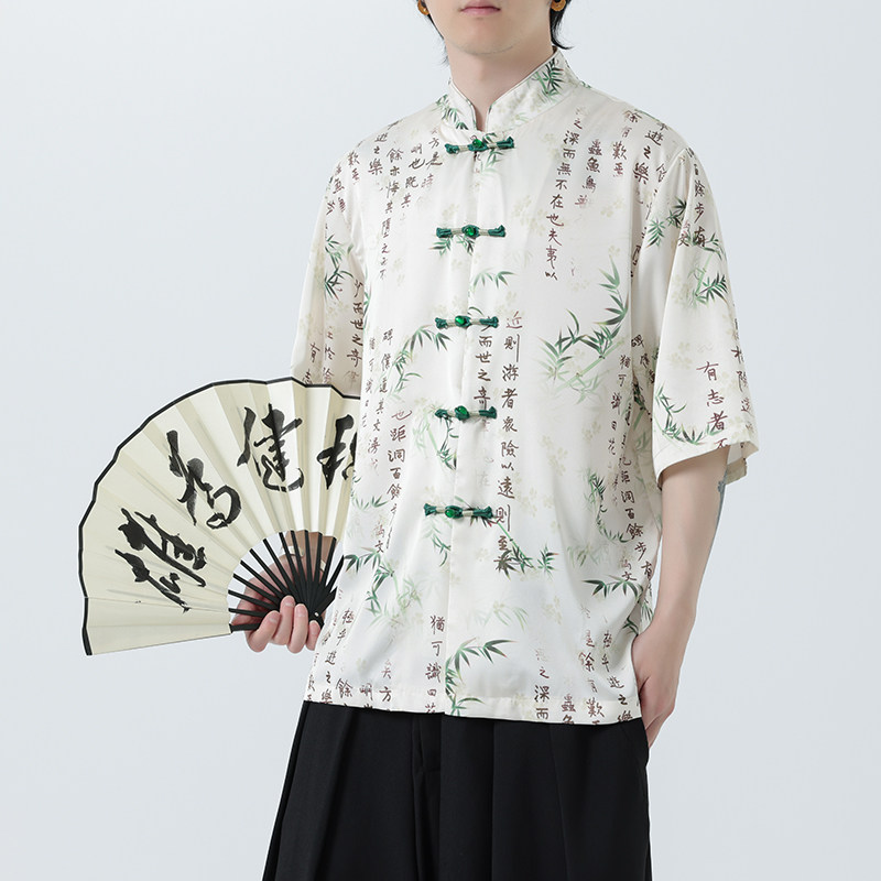 风衬衫冰丝宽松休闲中式盘扣短袖大码唐装A321-1-C661-P70,男装衬衫,电商A321-1（原钱塘6020）