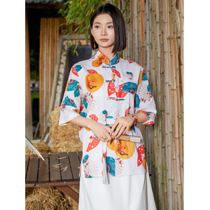 中式盘扣印花衬衫大码宽松风夏季休闲衬衣A321-C635-P60图片