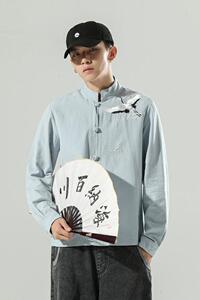 风男装鹤刺绣亚麻长袖衬衫中式盘扣立领唐装A321-1-C626-P70图片