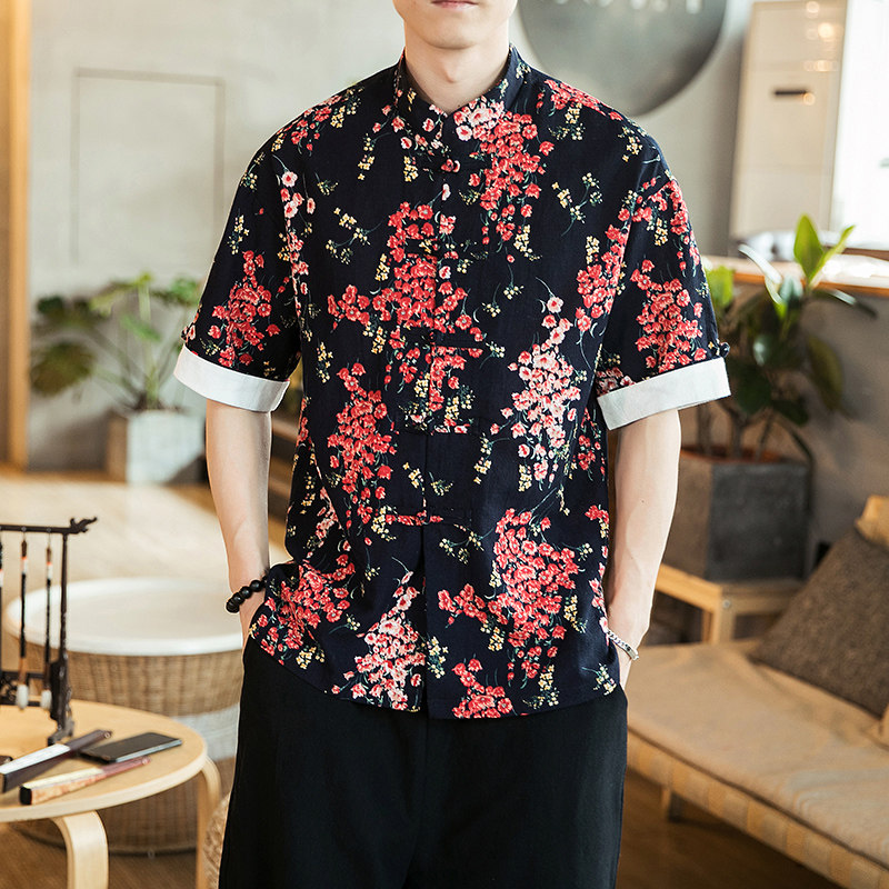 风印花短袖衬衫男装上衣复古风唐装A321-1-C610-P50,男装衬衫,电商A321-1（原钱塘6020）